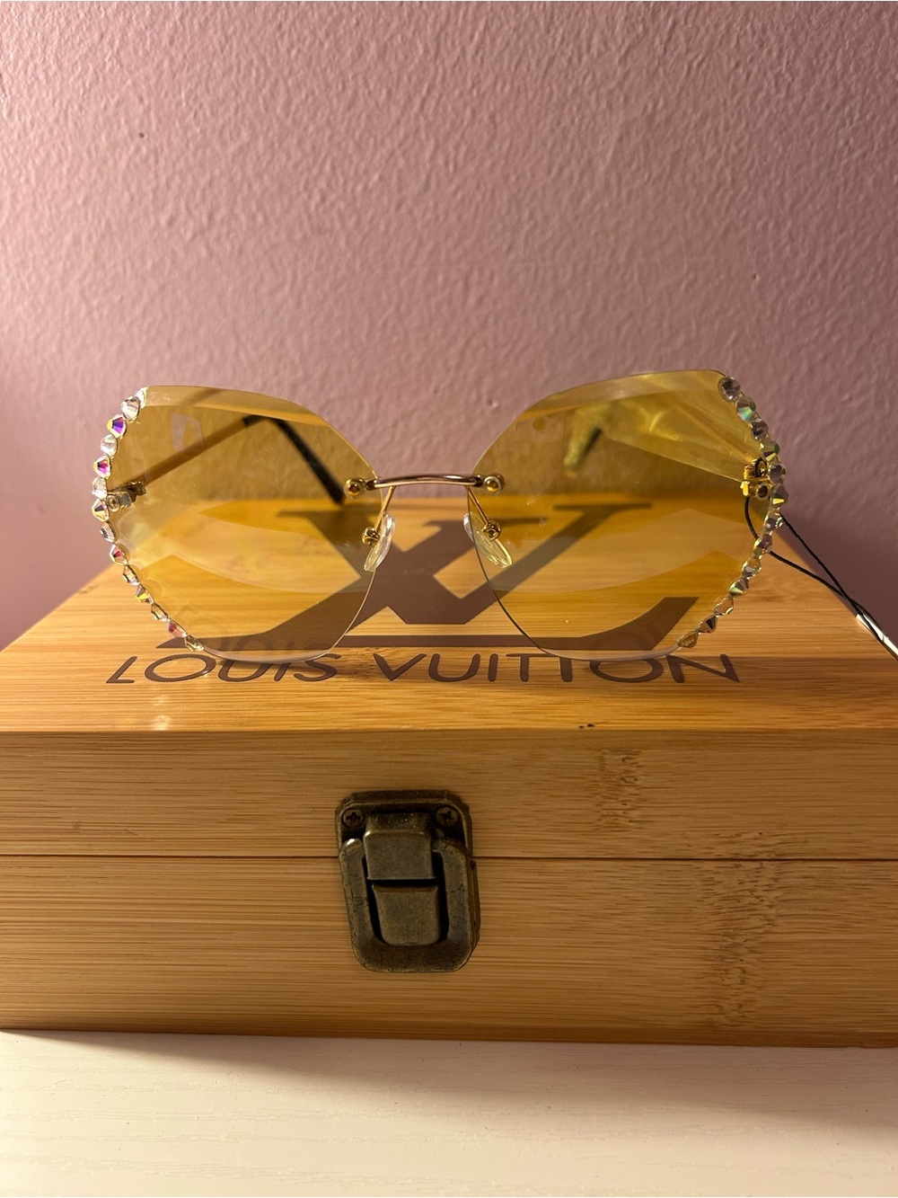 Yellow Crystal-Edged Rimless Sunglasses